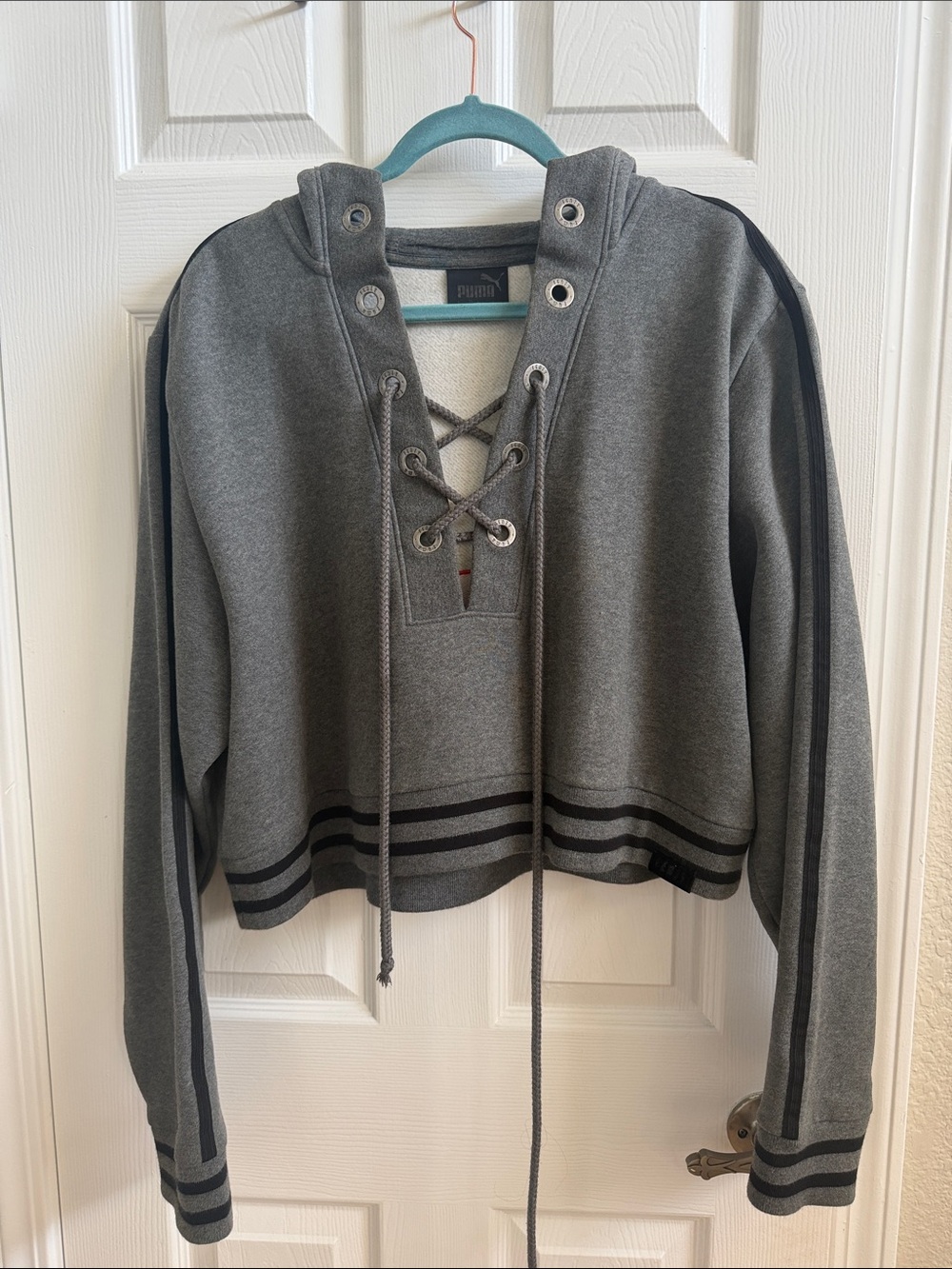 Puma x Fenty Dark Gray Lace-Up Hooded Cropped Sweatshirt